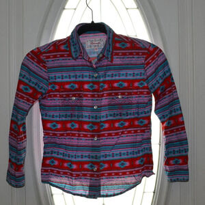 PANHANDLE Girl's Red, White, & Blue Aztec Long Sleeve Shirt Pearl Snaps Size S